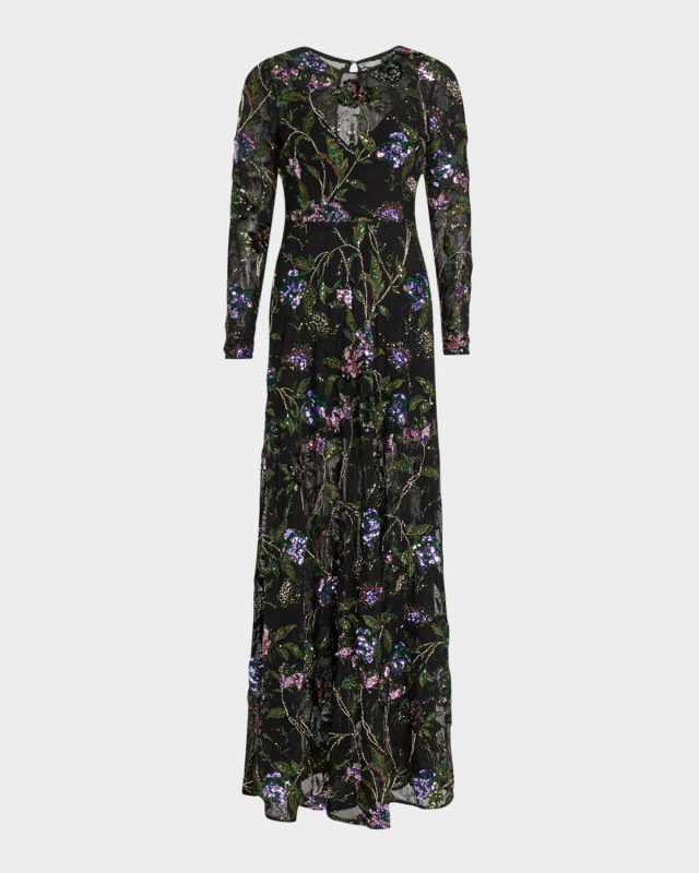 Ava Sequin & Bead Floral-Embroidered Gown